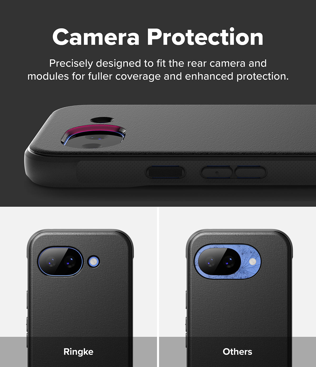 Google Pixel 10a Case | Onyx Magnetic - Comparison showing precise camera cutout on Ringke case versus damaged lens on others.
