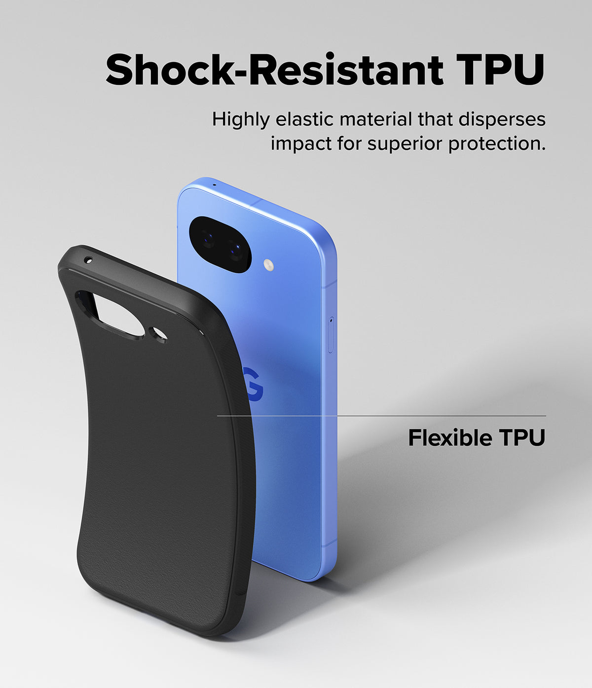 Google Pixel 10a Case | Onyx Magnetic - A flexible black TPU case shown next to a blue smartphone, highlighting shock resistance.