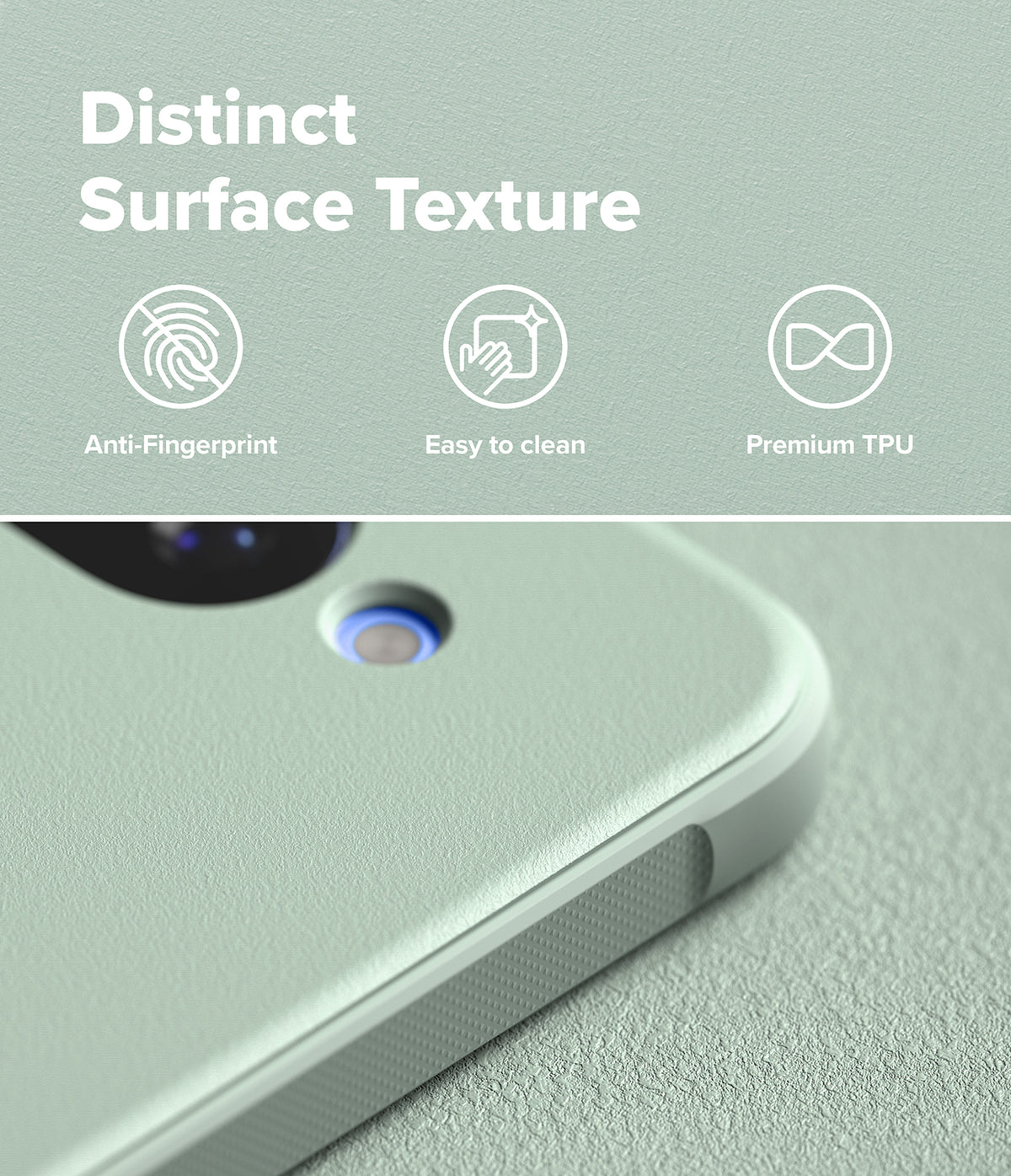 Google Pixel 10a Case | Onyx - Close-up of a textured sage green phone case highlighting anti-fingerprint and easy-clean features.