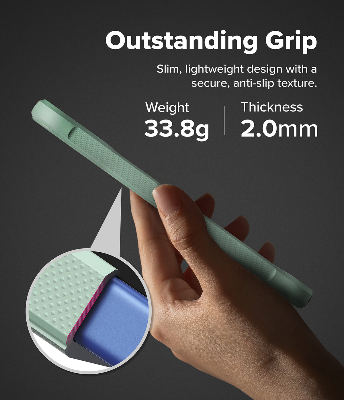 Google Pixel 10a Case | Onyx - Hand holding a slim green phone case with textured grip, showing 33.8g weight and 2.0mm thickness.