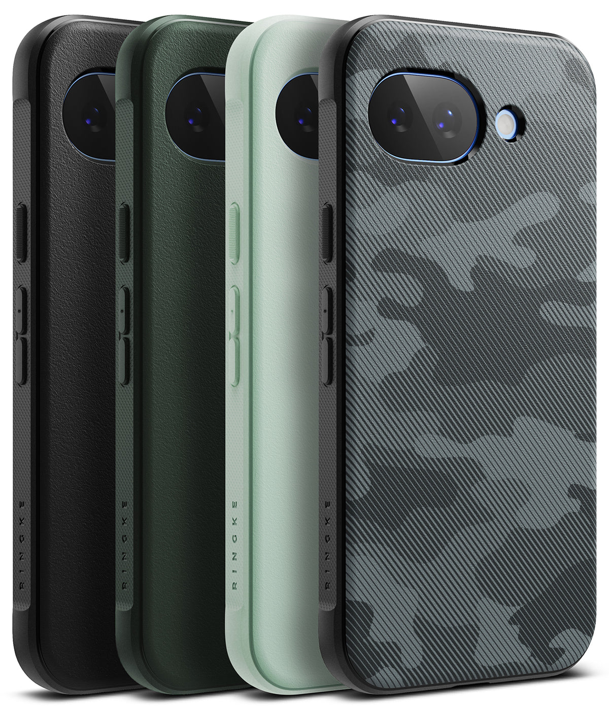 Google Pixel 10a Case | Onyx - Four Google Pixel 10a cases in black, dark green, light green, and grey camouflage patterns.
