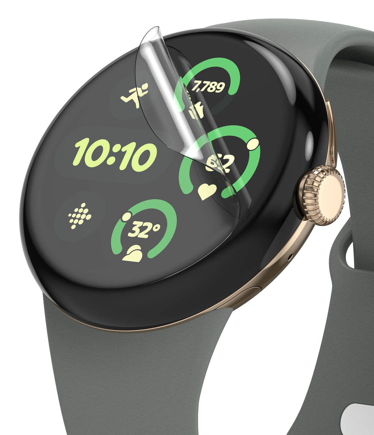 Google Pixel Watch 3 41mm Screen Protector | Dual Easy Film (3P) - Google Pixel Watch 3 41mm Screen Protector - A clear protective film being applied to a smartwatch screen.
