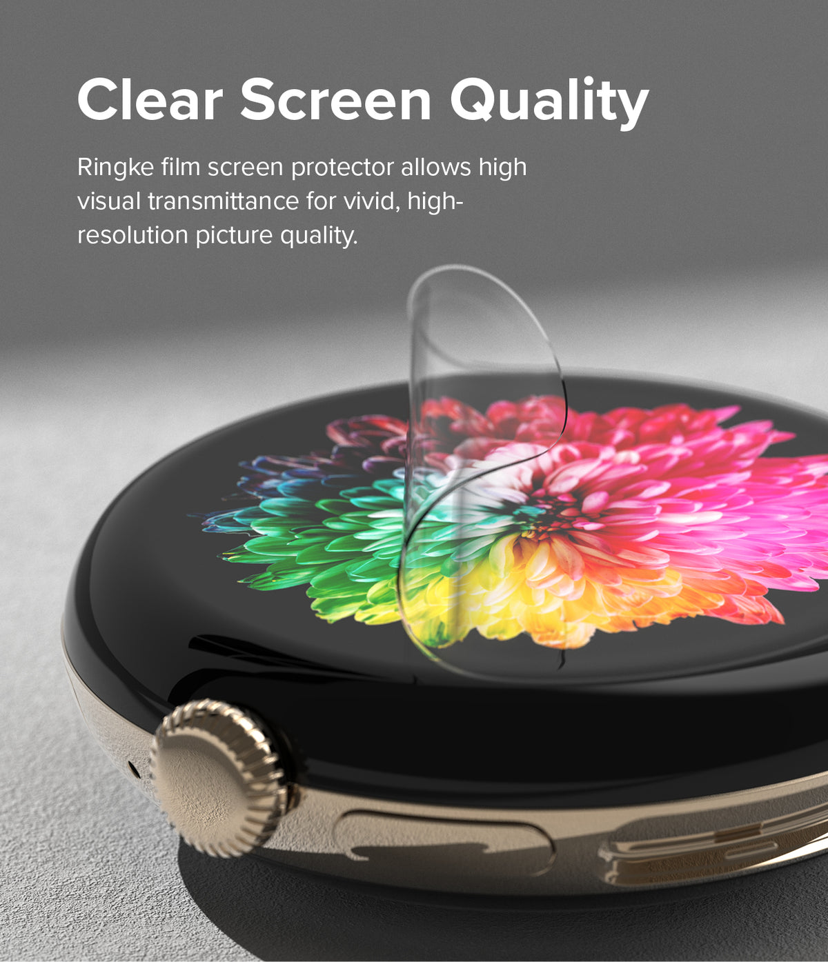 Google Pixel Watch 3 41mm Screen Protector | Dual Easy Film (3P) - Google Pixel Watch 3 41mm Screen Protector - Clear film being applied to a watch face displaying a colorful flower.