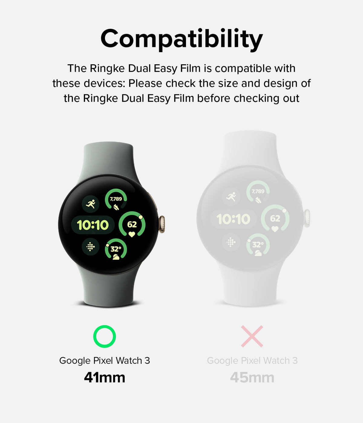 Google Pixel Watch 3 41mm Screen Protector | Dual Easy Film (3P) - Compatibility chart showing 41mm watch with green check.