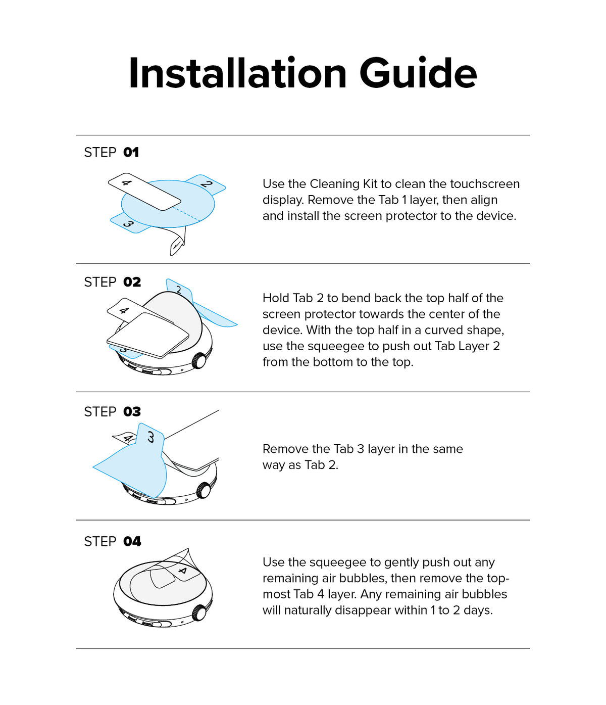Google Pixel Watch 3 41mm Screen Protector | Dual Easy Film (3P) - Google Pixel Watch 3 41mm Screen Protector - Four-step illustrated guide showing how to apply the film using numbered tabs.