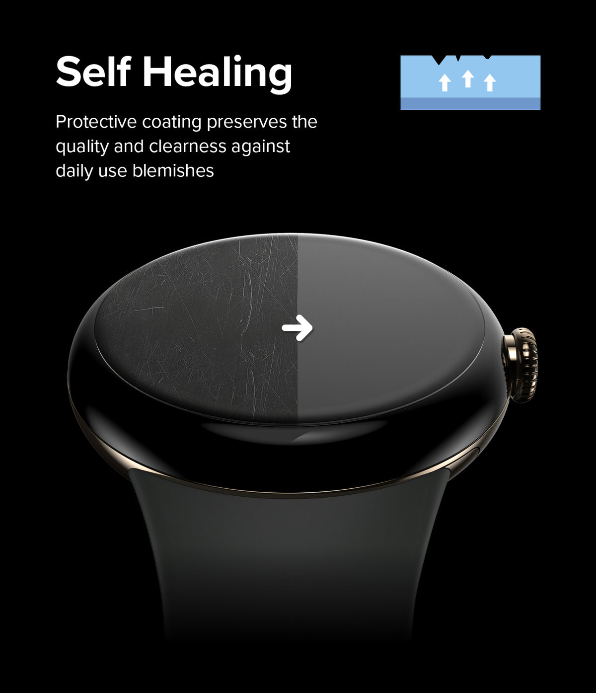 Google Pixel Watch 3 45mm Screen Protector | Dual Easy Film (3P) - Google Pixel Watch 3 45mm Screen Protector - Smartwatch screen showing a transition from scratched to clear surface.