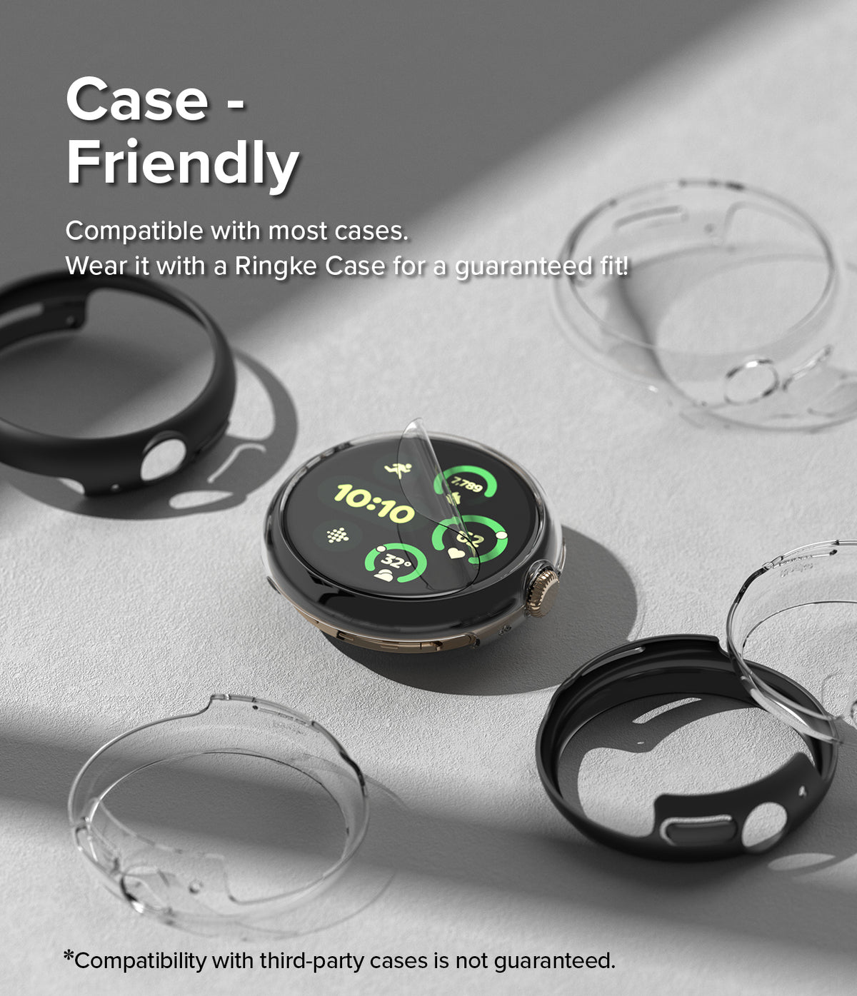 Google Pixel Watch 3 45mm Screen Protector | Dual Easy Film (3P) - Smartwatch with screen film surrounded by various cases.