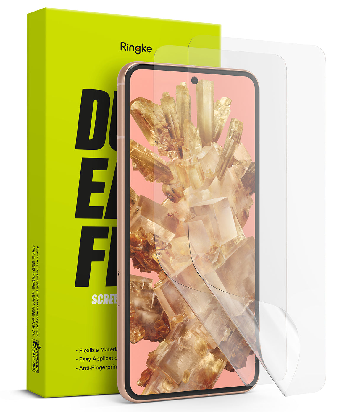 Google Pixel 8 Screen Protector | Dual Easy Film - A transparent screen protector film being applied to a smartphone.