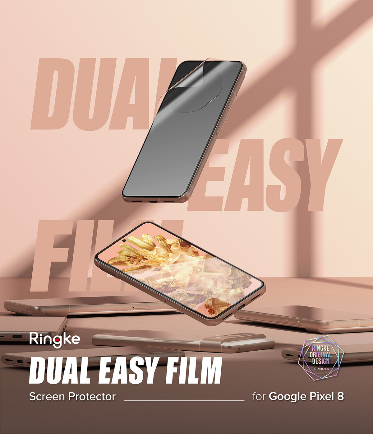 Google Pixel 8 Screen Protector | Dual Easy Film - Floating Google Pixel 8 phones with screen film being applied.