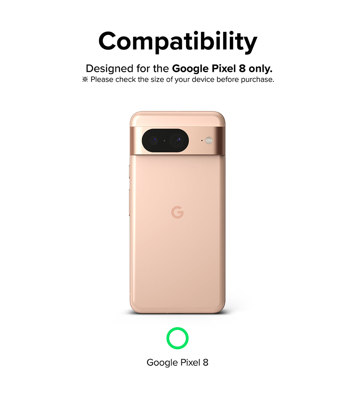 Google Pixel 8 Screen Protector | Dual Easy Film - Rose gold Google Pixel 8 phone shown with compatibility text.