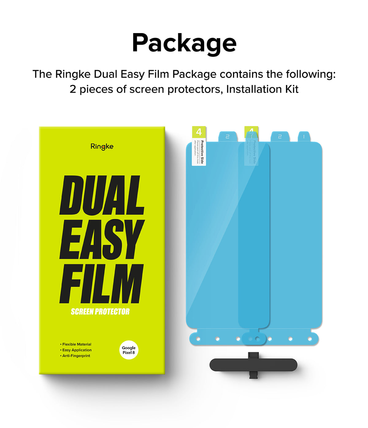 Google Pixel 8 Screen Protector | Dual Easy Film - Bright yellow product box next to two blue screen protectors.