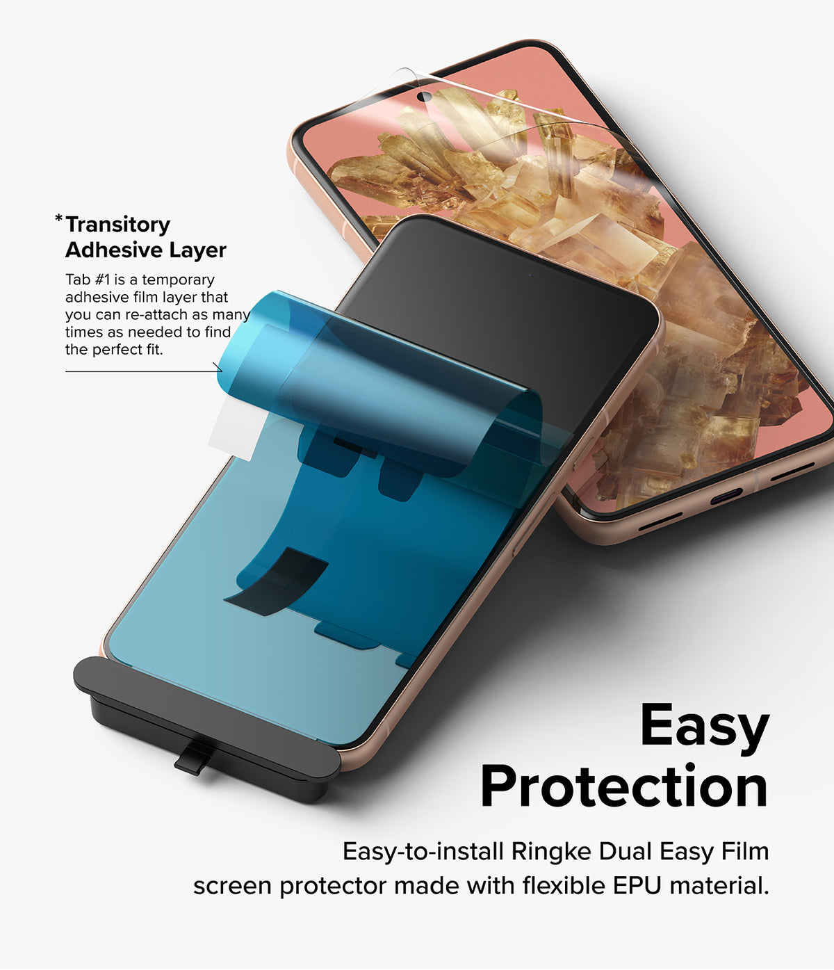 Google Pixel 8 Screen Protector | Dual Easy Film - A blue adhesive installation layer being applied to a smartphone.