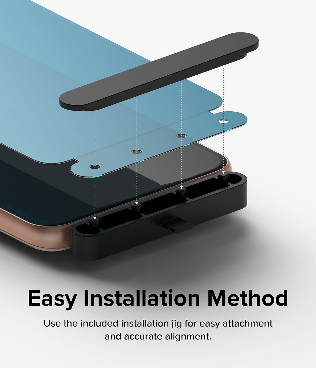 Google Pixel 8 Screen Protector | Dual Easy Film - Exploded view showing screen protector aligning with installation jig.