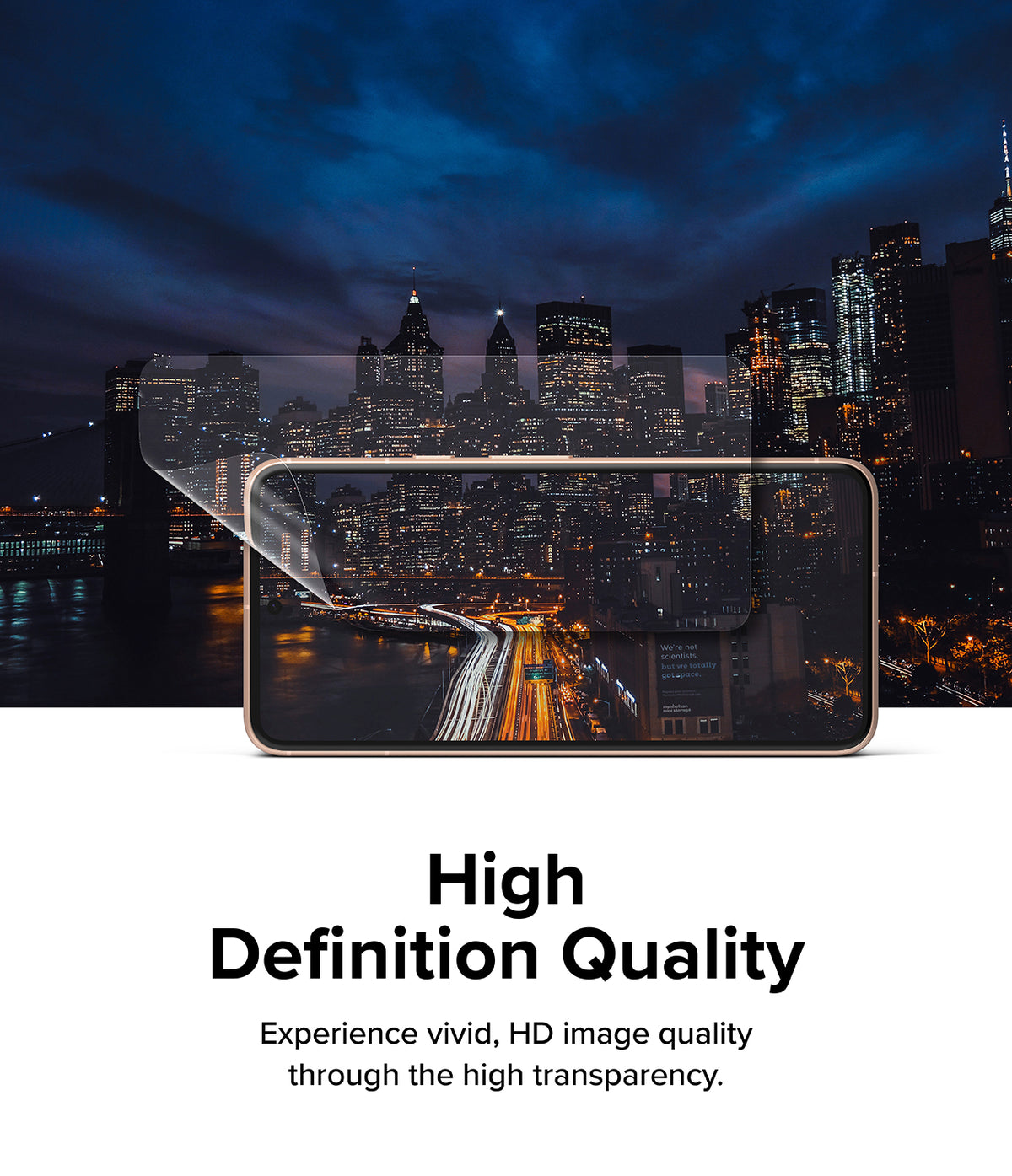 Google Pixel 8 Screen Protector | Dual Easy Film - Transparent screen protector being applied to a phone showing a city.