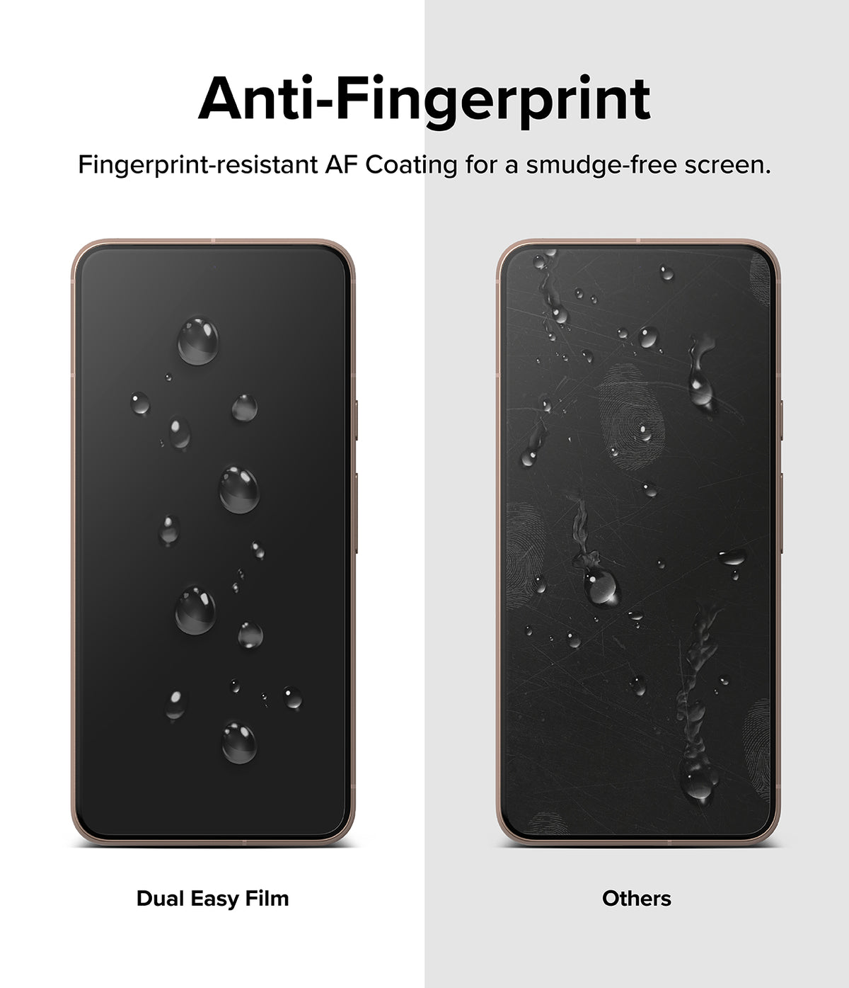 Google Pixel 8 Screen Protector | Dual Easy Film - Comparison showing clean screen with water beads vs. smudged screen.