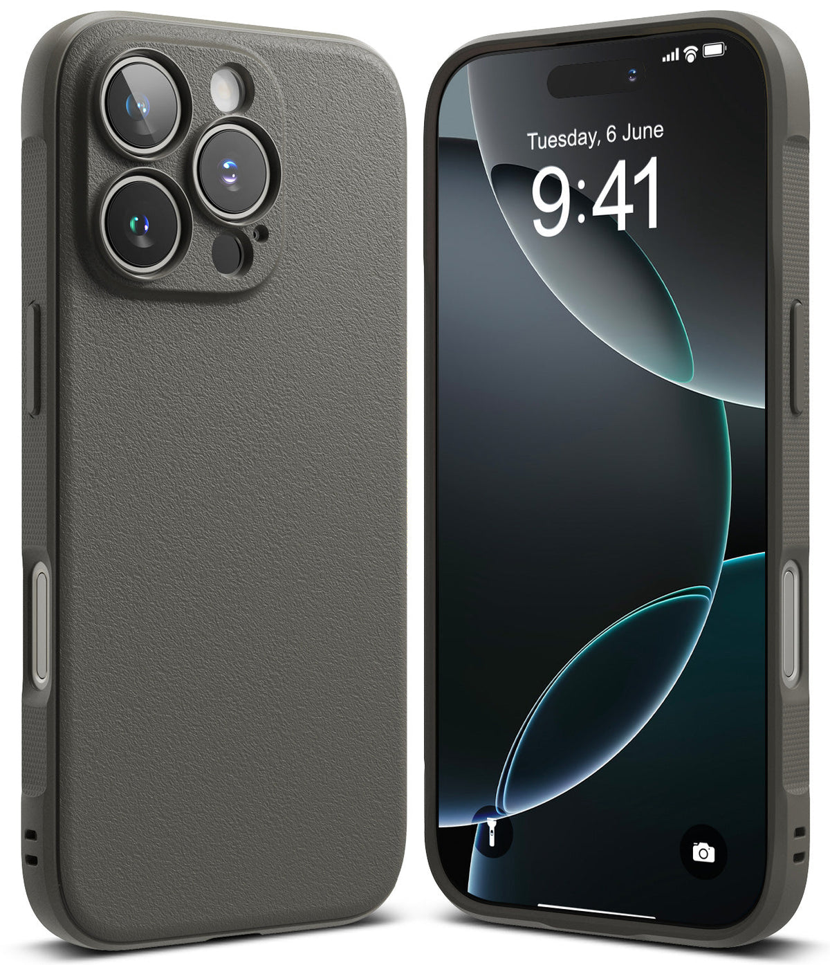 iPhone 16 Pro Max Case | Onyx - Front and back views of a matte charcoal gray phone case on an iPhone 16 Pro Max.