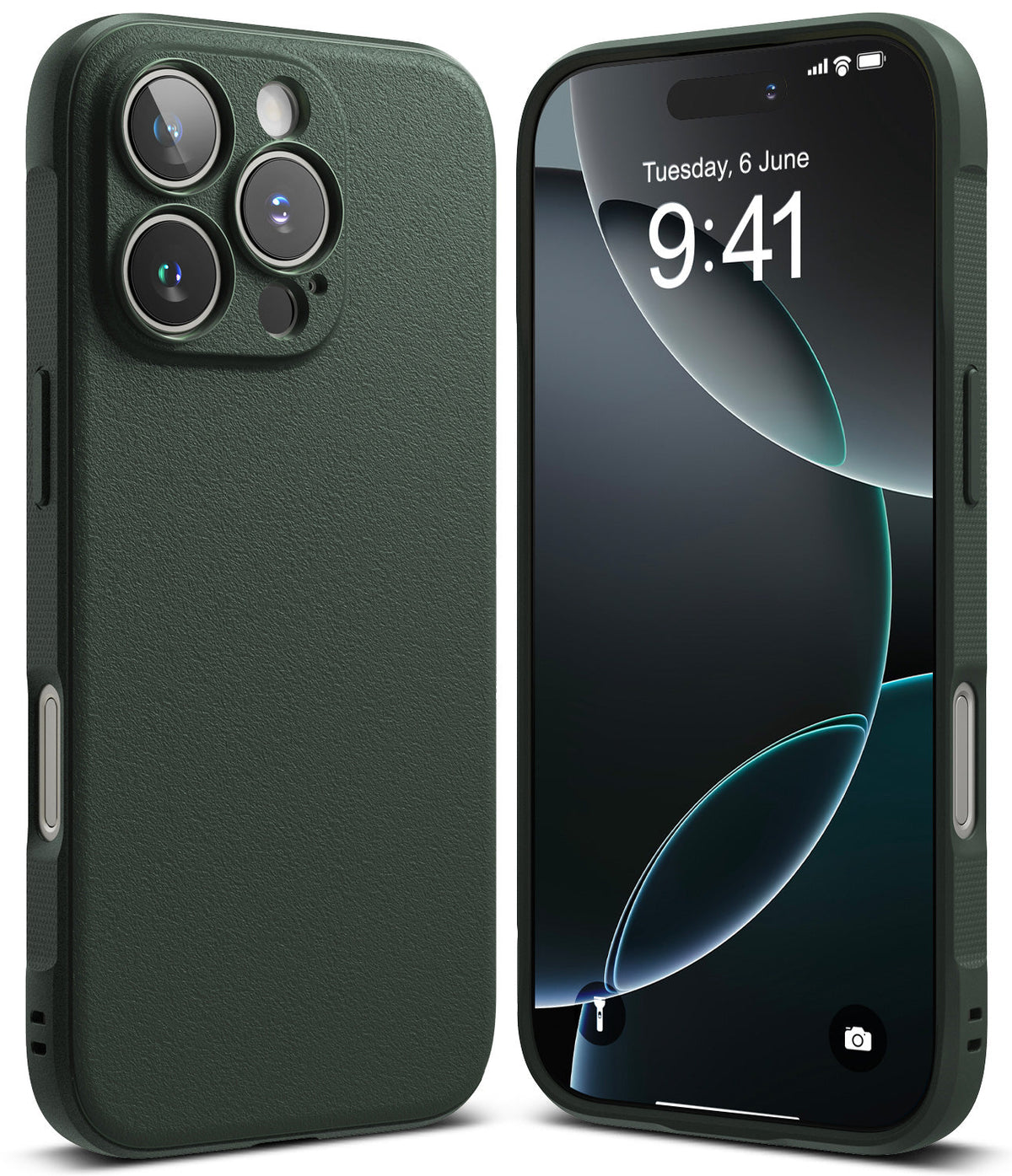iPhone 16 Pro Max Case | Onyx - Dark green textured phone case shown from the back and front with a digital clock display.