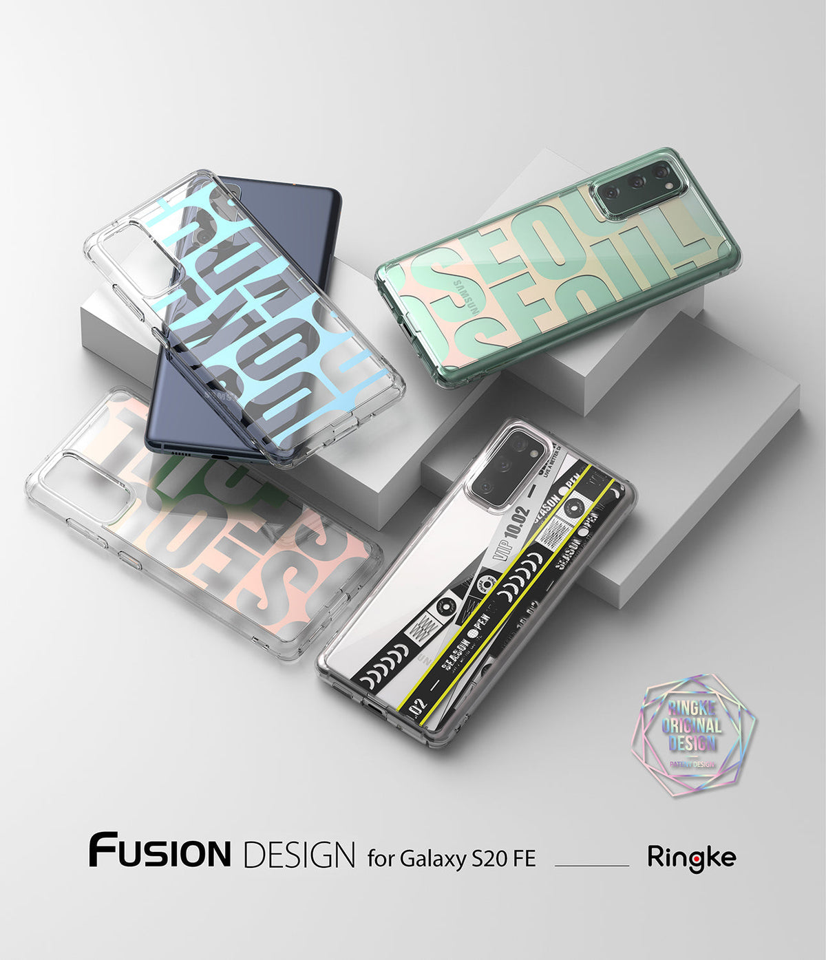 Galaxy S20 FE Case | Fusion Design - Three clear phone cases with graphic prints displayed on white geometric blocks.