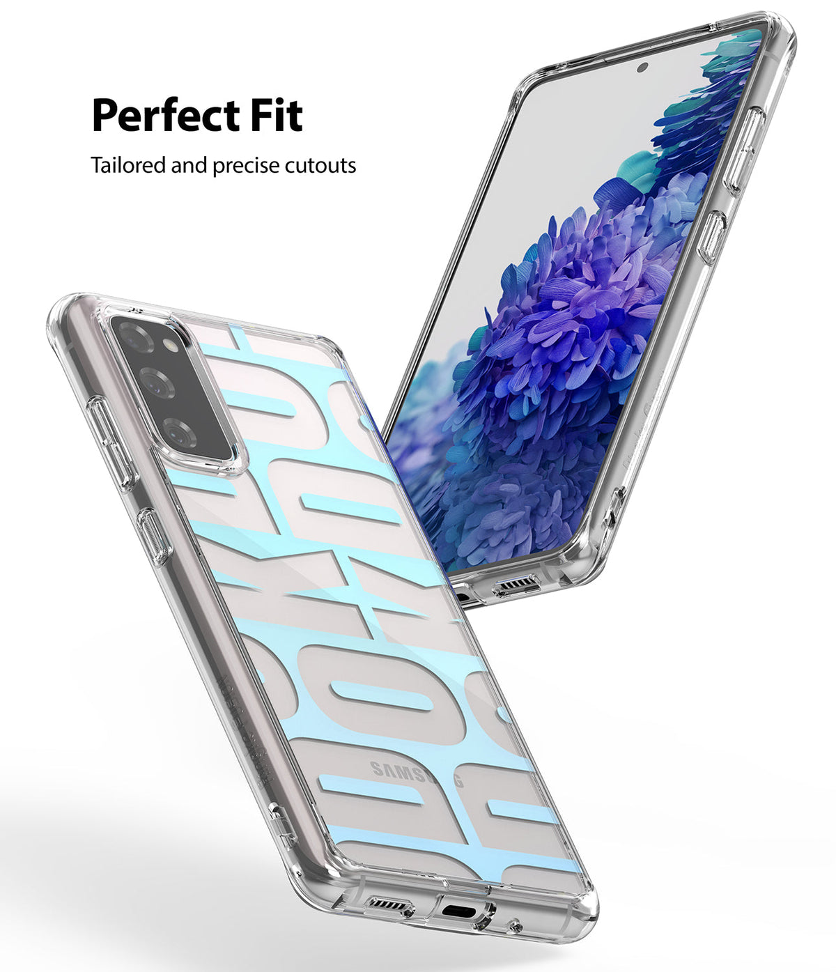 Galaxy S20 FE Case | Fusion Design - Clear phone case on a Galaxy S20 FE showing precise cutouts and a blue graphic back.