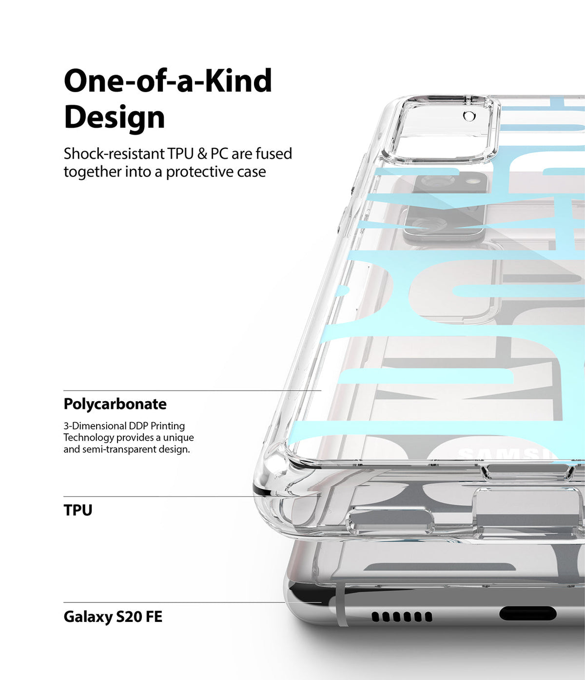Galaxy S20 FE Case | Fusion Design - Clear phone case with light blue pattern, highlighting TPU and PC material layers.