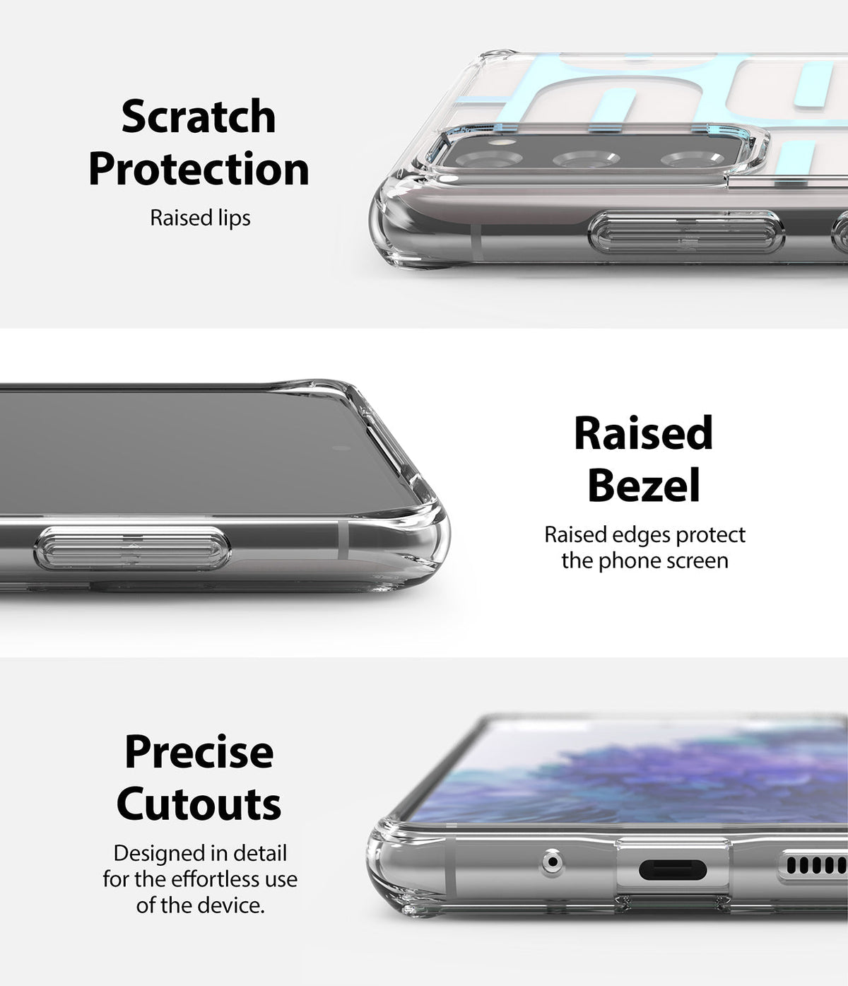 Galaxy S20 FE Case | Fusion Design - Close-ups showing raised camera lips, screen bezels, and precise port cutouts.