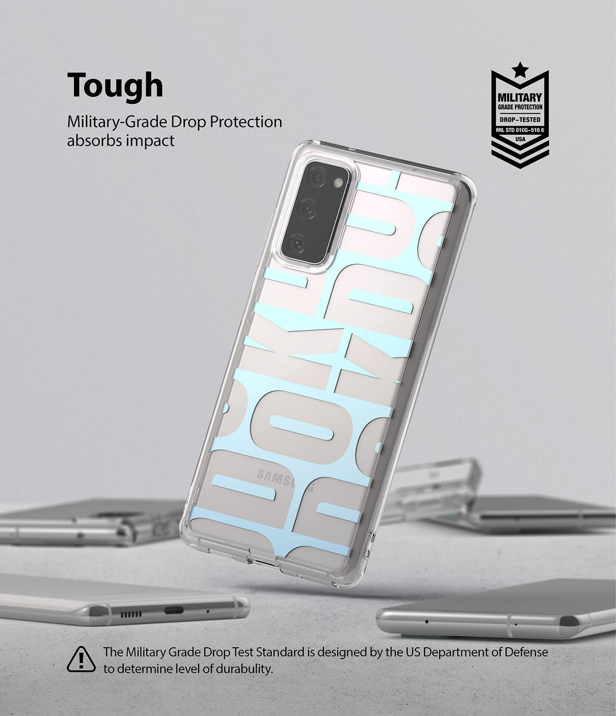 Galaxy S20 FE Case | Fusion Design - Clear phone case with light blue lettering, highlighting military-grade drop protection.