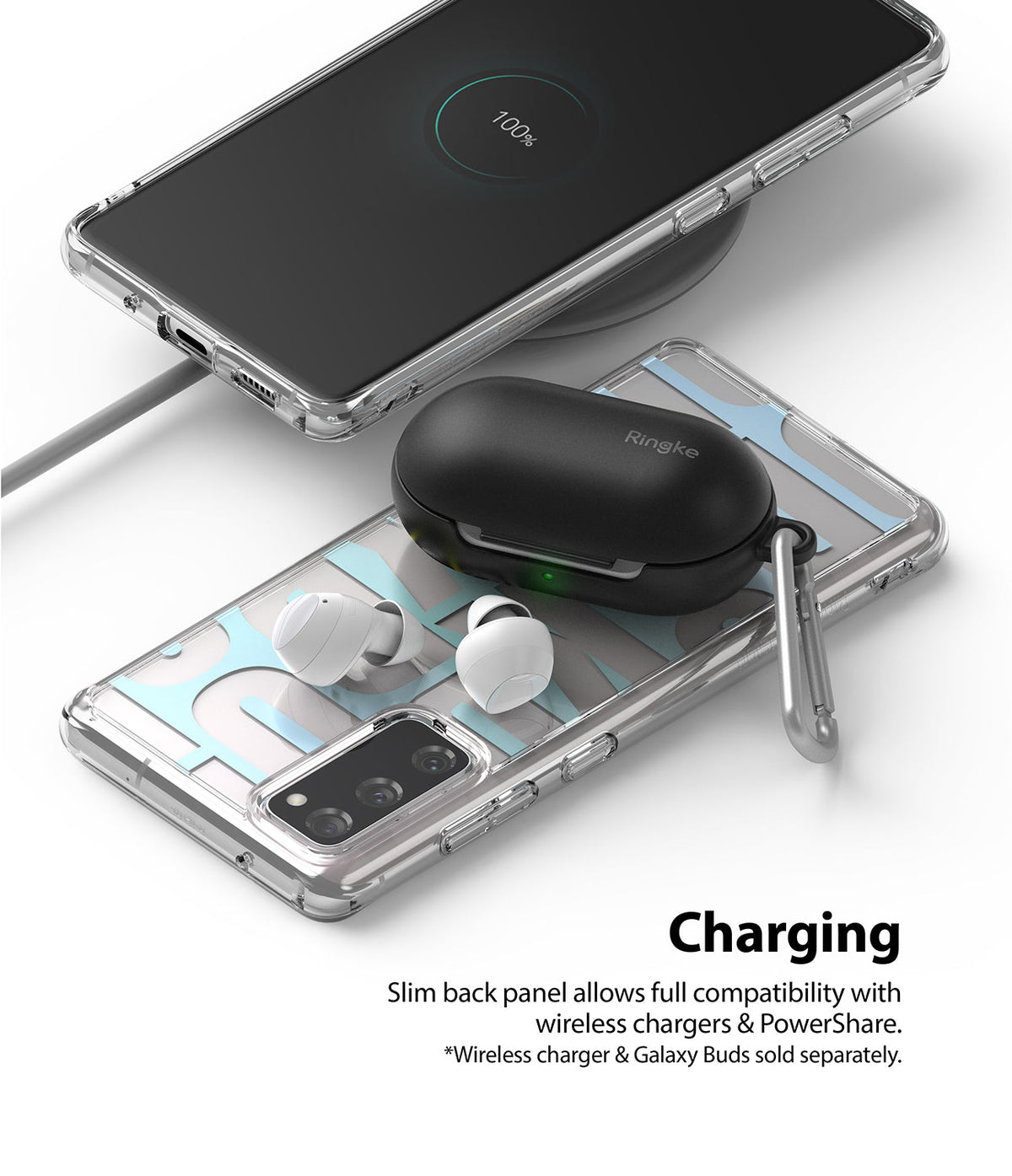 Galaxy S20 FE Case | Fusion Design - Phone in clear case wirelessly charging earbuds placed on its back panel.