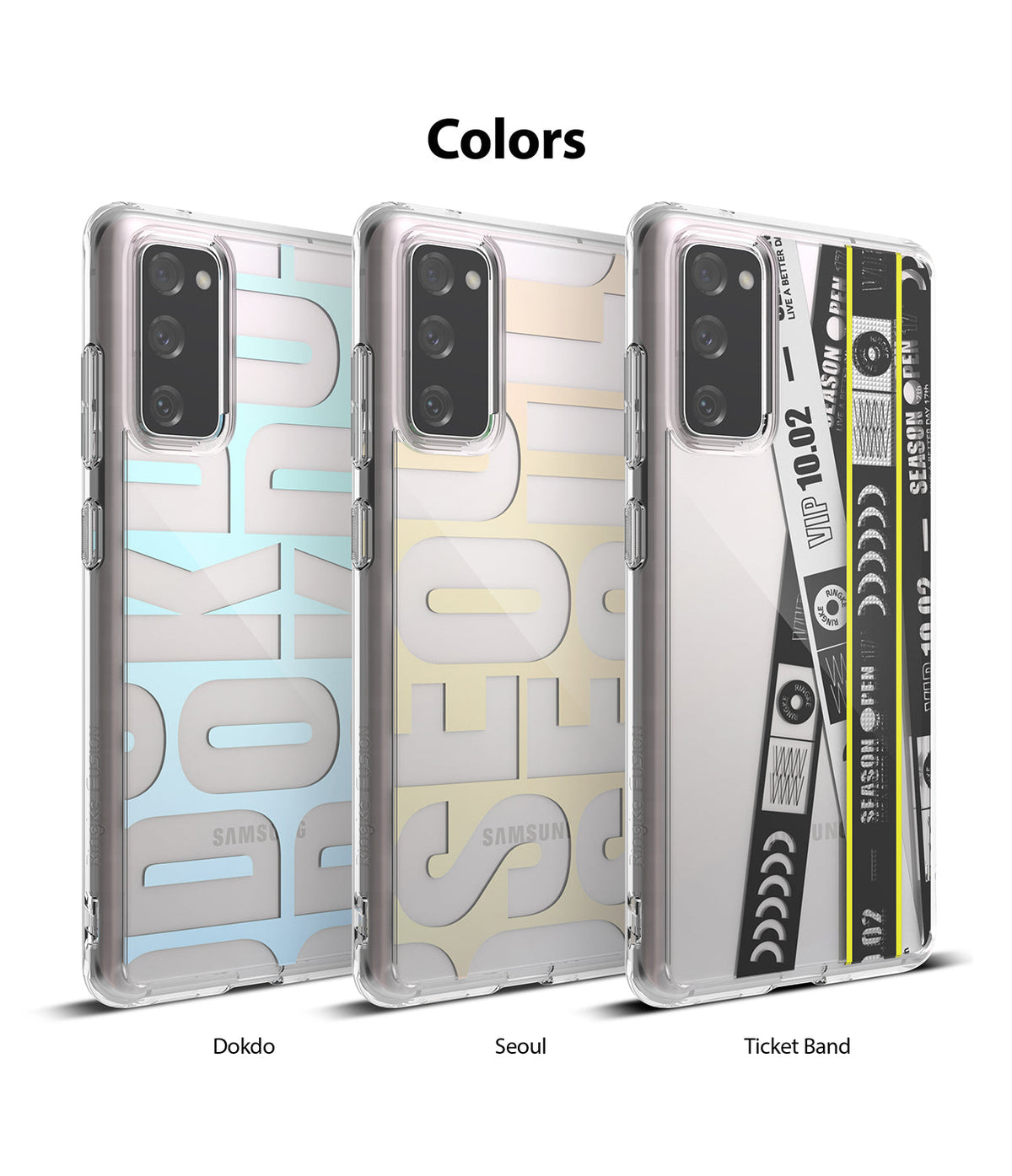 Galaxy S20 FE Case | Fusion Design - Three clear phone cases featuring Dokdo, Seoul, and Ticket Band graphic designs.