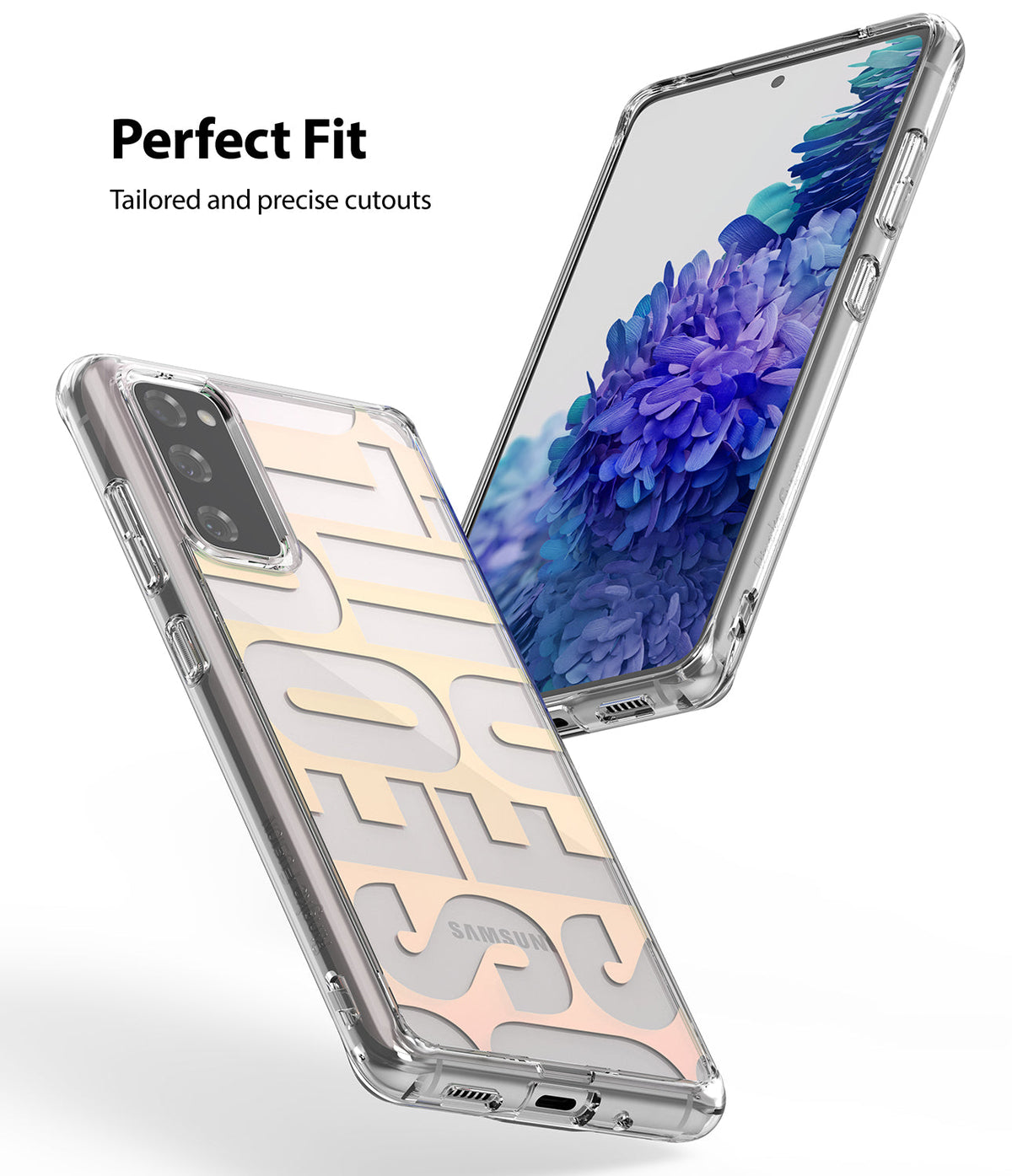 Galaxy S20 FE Case | Fusion Design - Clear phone case showing front and back views with precise cutouts and Seoul text.