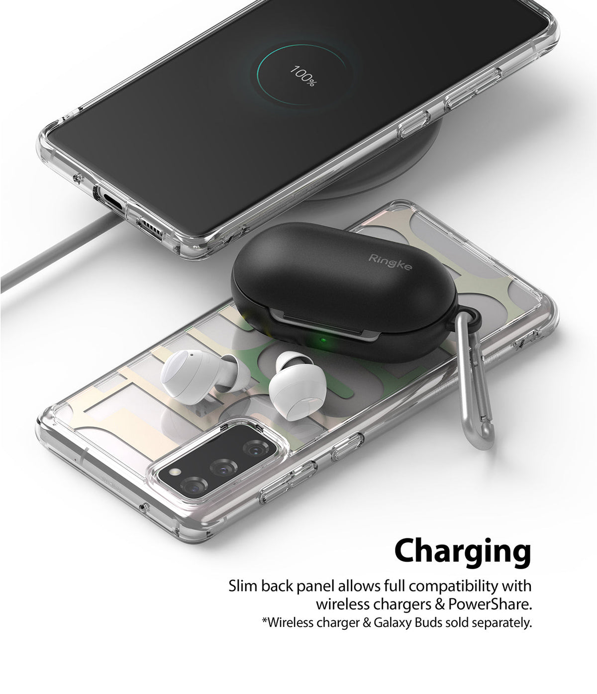 Galaxy S20 FE Case | Fusion Design - Clear phone case on a wireless charger with Galaxy Buds case charging on top.