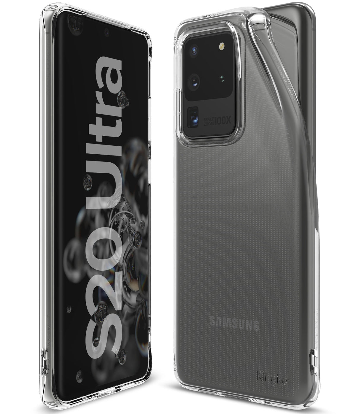 Galaxy S20 Ultra Case | Air - Front and back views of a clear protective phone case on a Galaxy S20 Ultra.