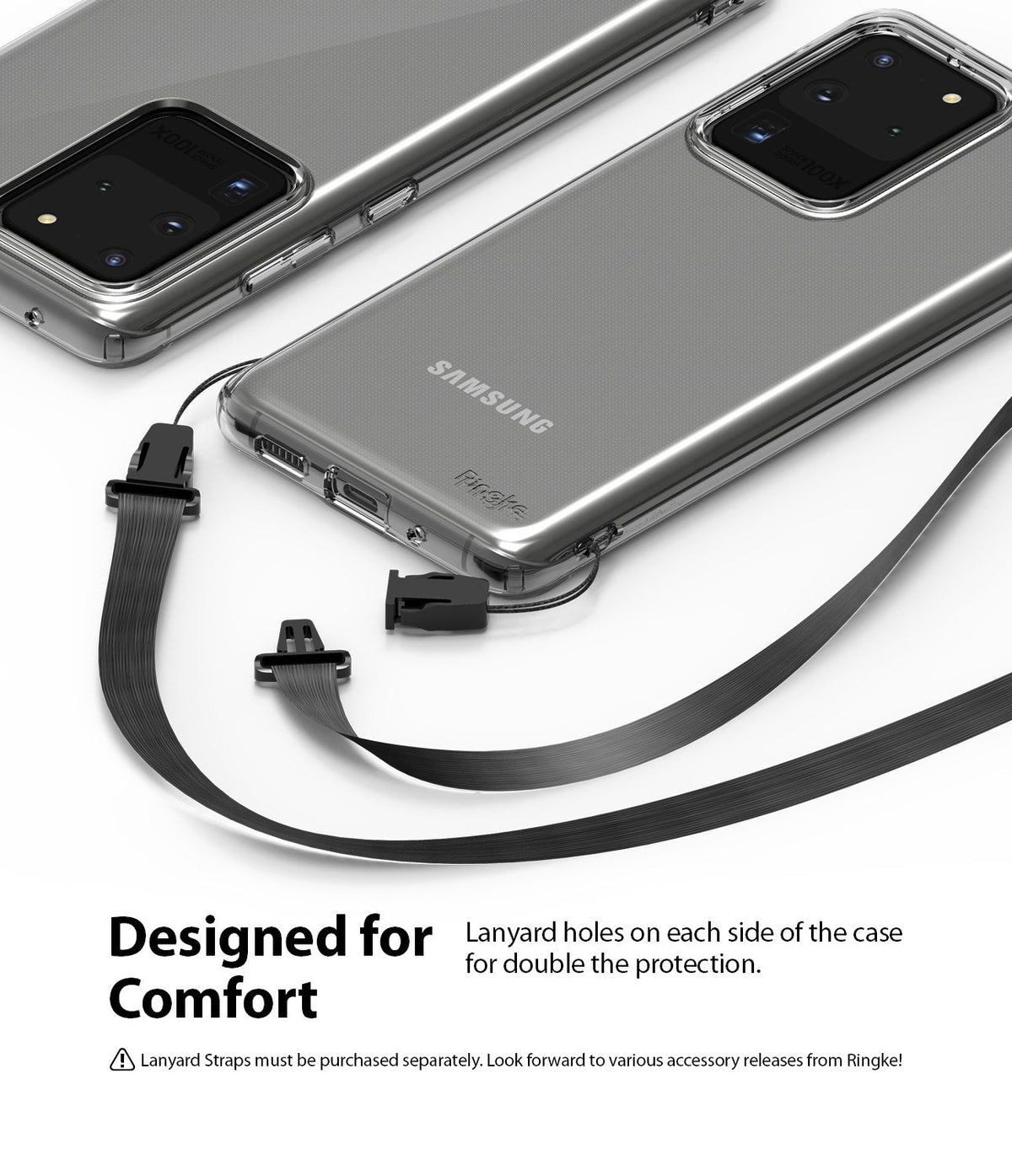 Galaxy S20 Ultra Case | Air - Clear phone case with dual lanyard attachment points and a detachable black strap.
