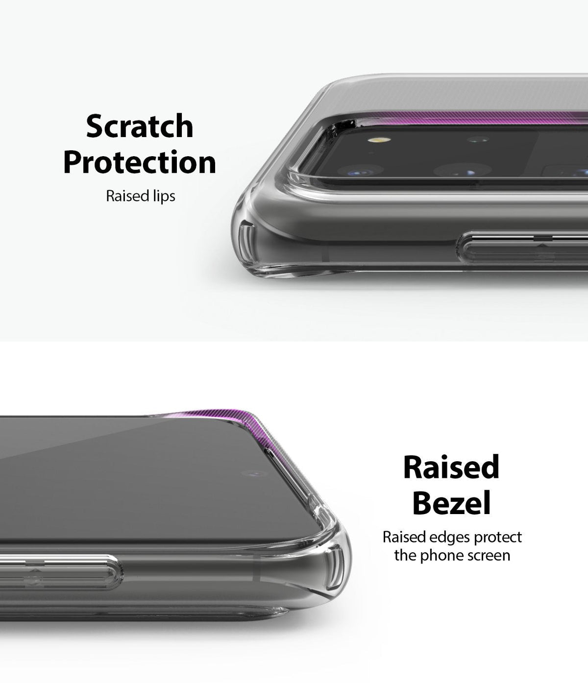 Galaxy S20 Ultra Case | Air - Close-up of clear phone case showing raised bezels and lips for screen and camera protection.