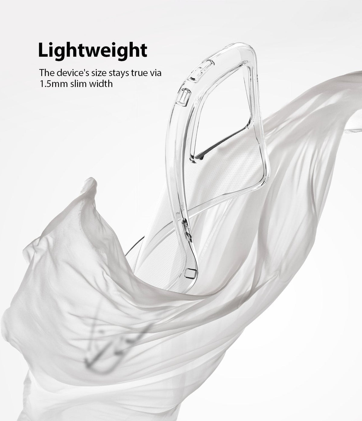 Galaxy S20 Ultra Case | Air - Clear phone case floating amidst flowing white fabric with text highlighting its slim design.