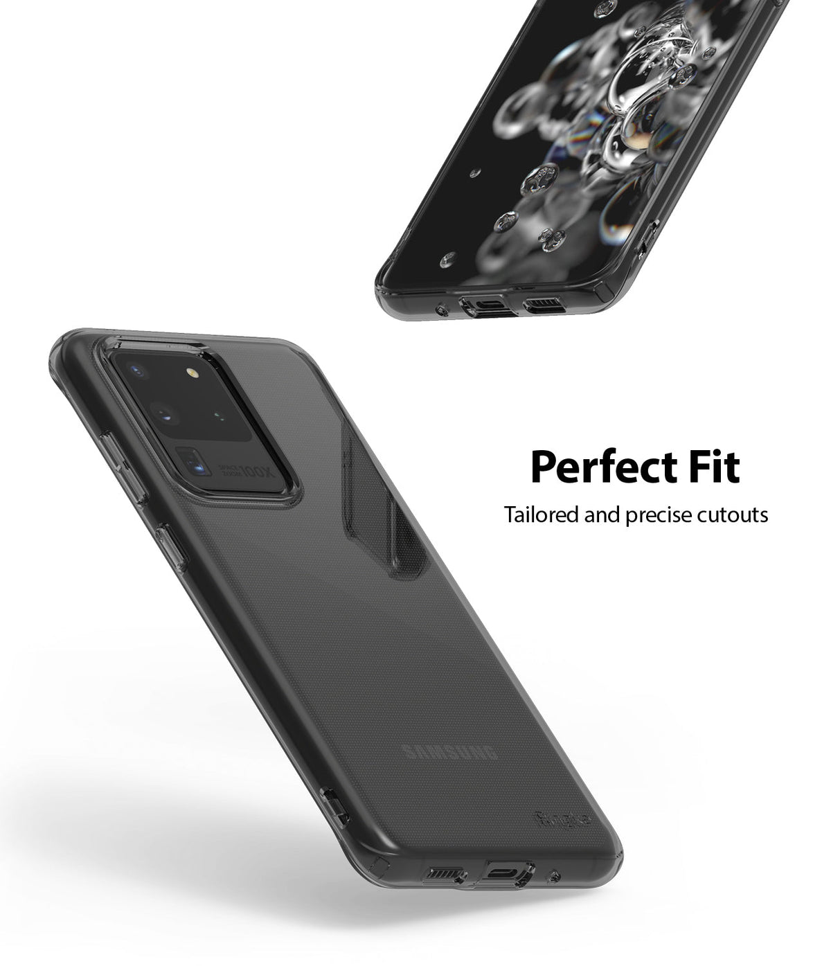 Galaxy S20 Ultra Case | Air - Two views of a clear phone case on a Galaxy S20 Ultra showing precise port cutouts.