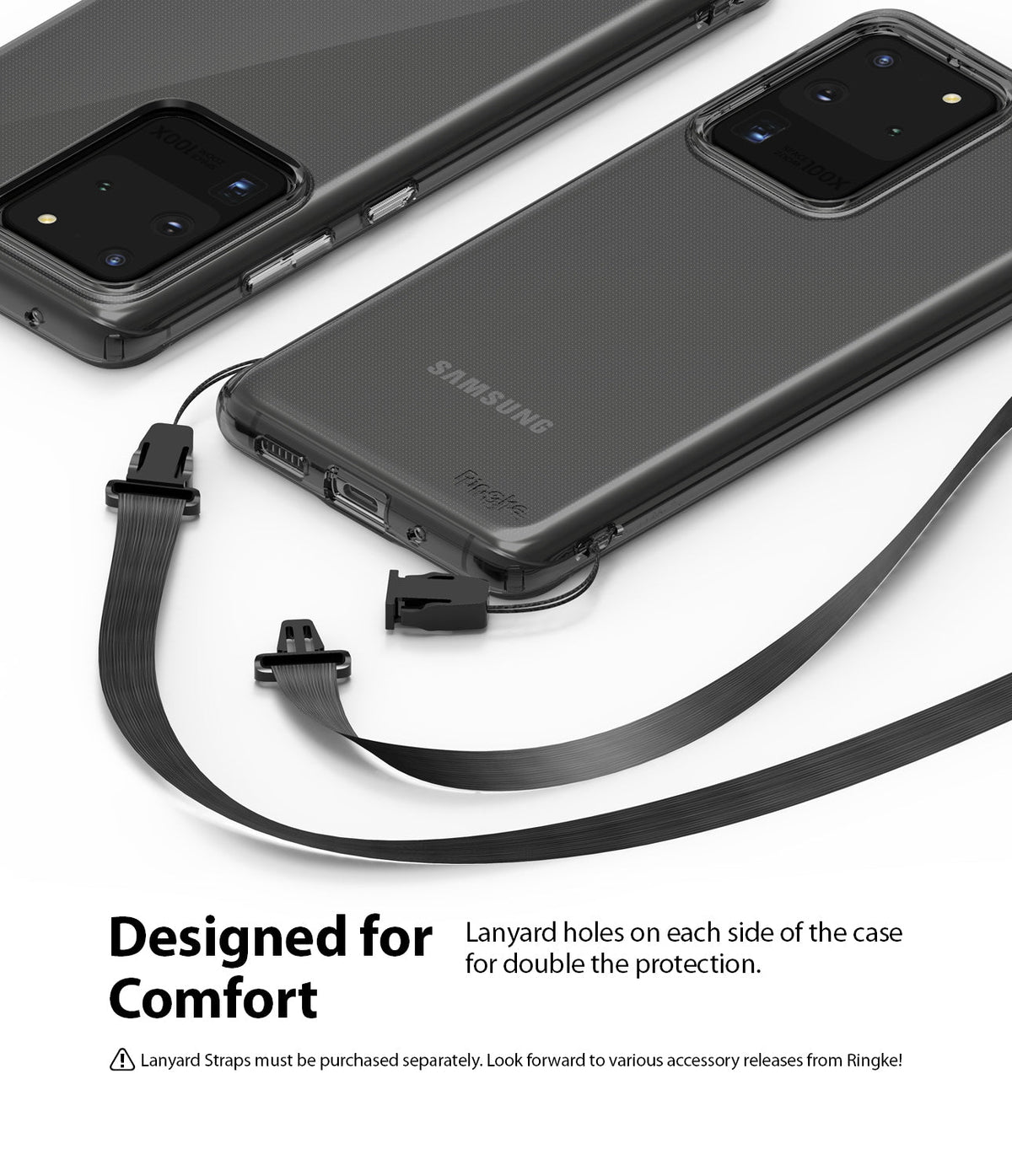 Galaxy S20 Ultra Case | Air - Clear phone case with dual lanyard attachment points and a detachable black strap.