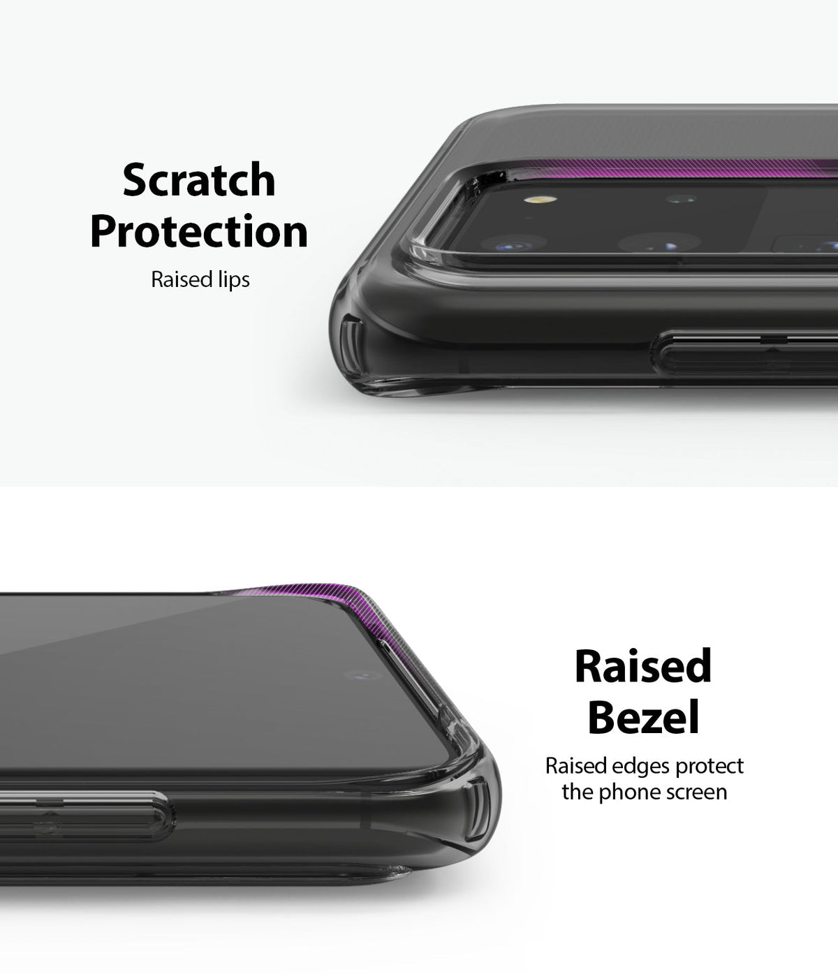 Galaxy S20 Ultra Case | Air - Close-up of phone case showing raised lips and bezels for screen and camera protection.