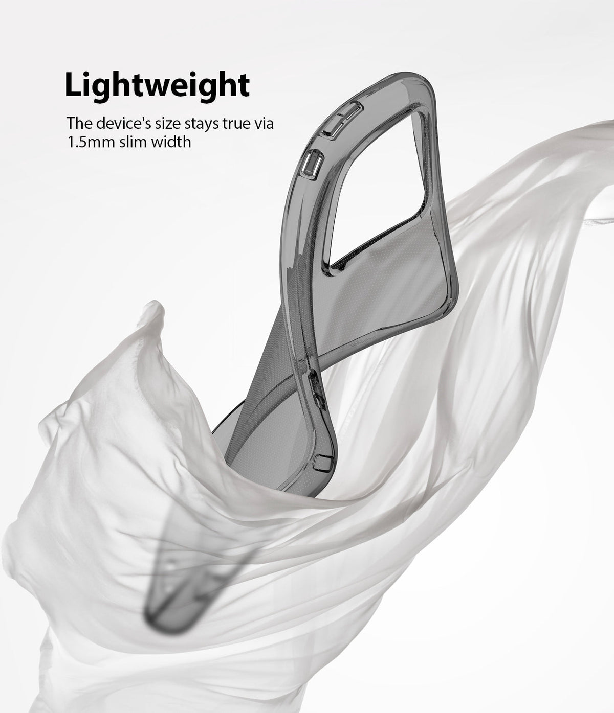 Galaxy S20 Ultra Case | Air - A slim, transparent phone case floating amidst flowing white fabric with text about its weight.