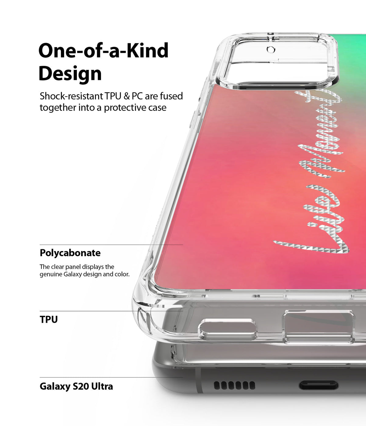 Galaxy S20 Ultra Case | Fusion Design - Clear protective phone case with a pink gradient back and text overlay.