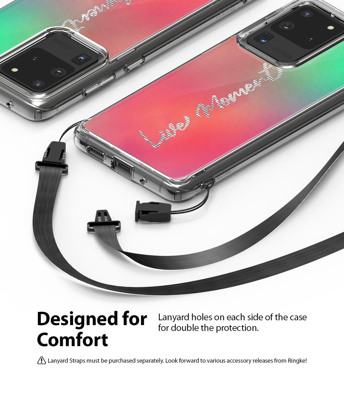 Galaxy S20 Ultra Case | Fusion Design - Clear phone cases with lanyard attachment points and a detachable black strap.