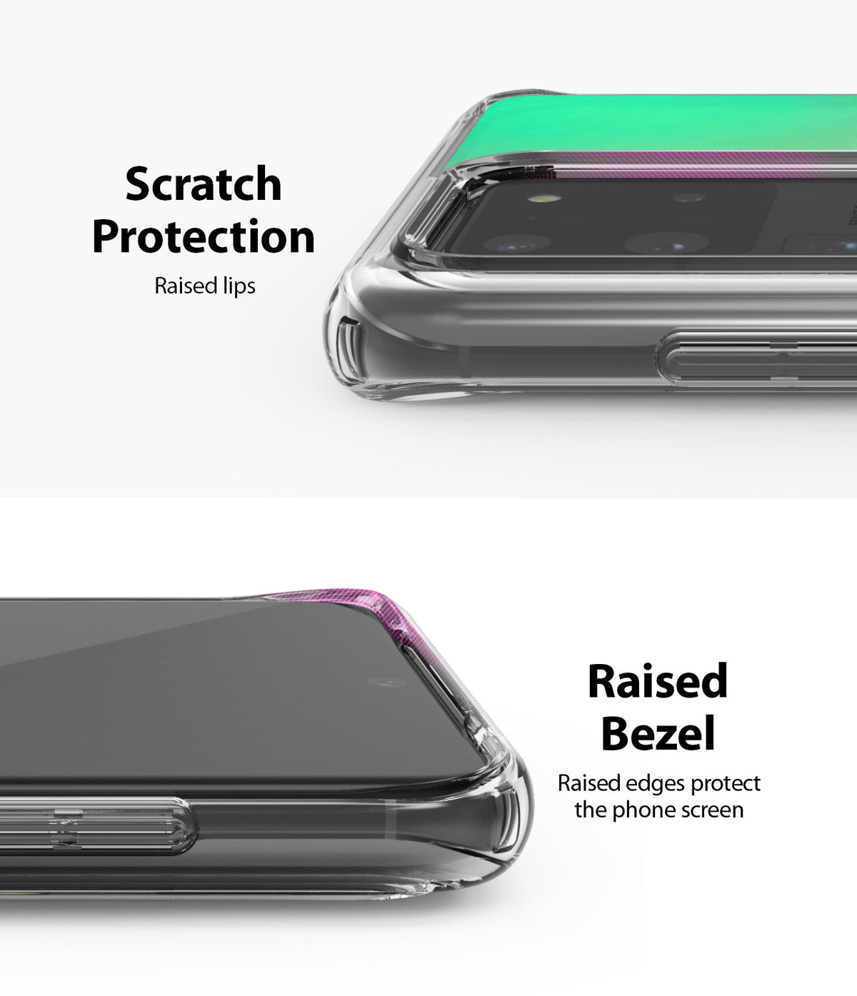 Galaxy S20 Ultra Case | Fusion Design - Close-up of clear phone case showing raised lips and bezels for screen protection.