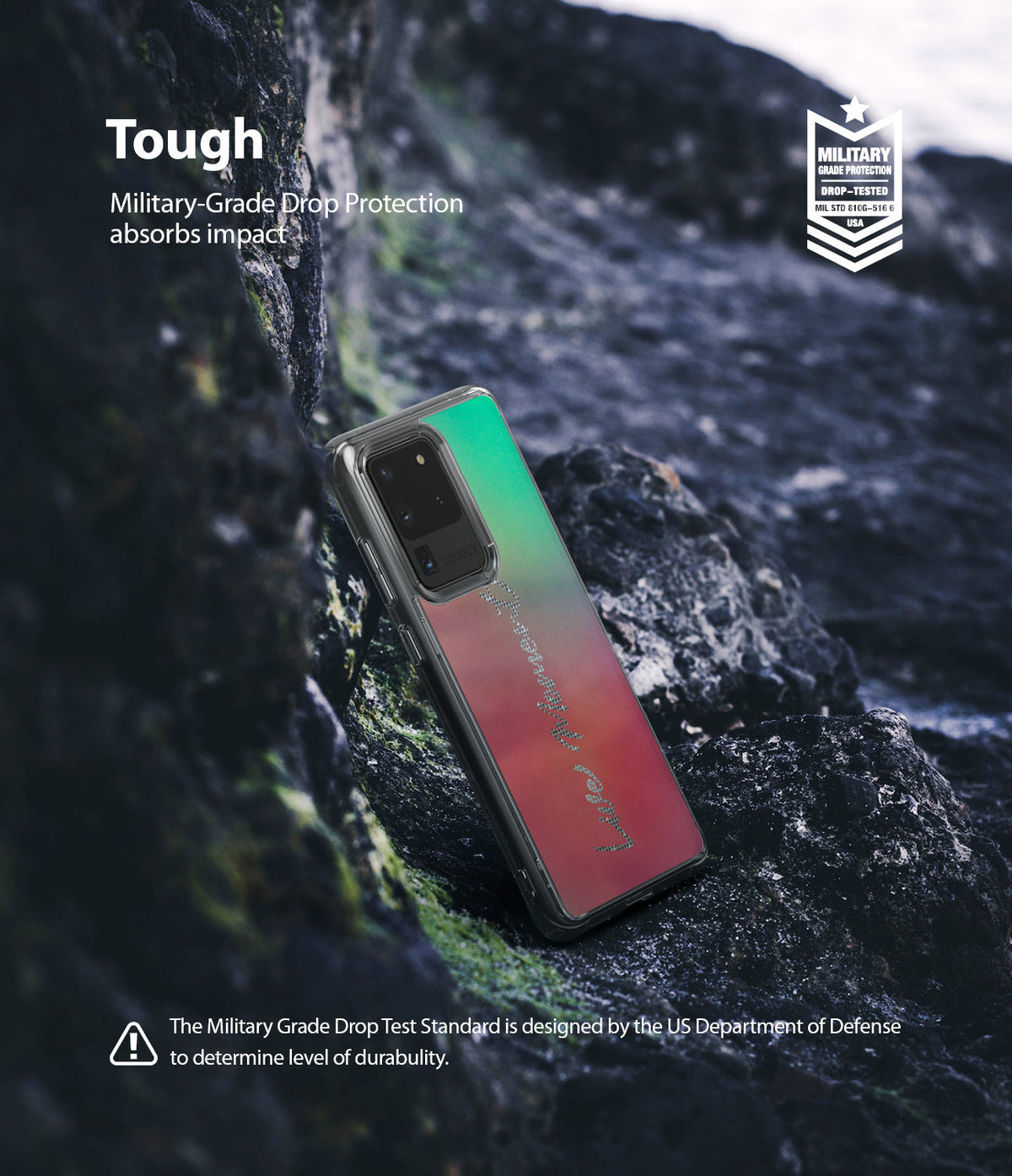 Galaxy S20 Ultra Case | Fusion Design - A gradient-colored phone case resting on dark rocks with military-grade protection text.