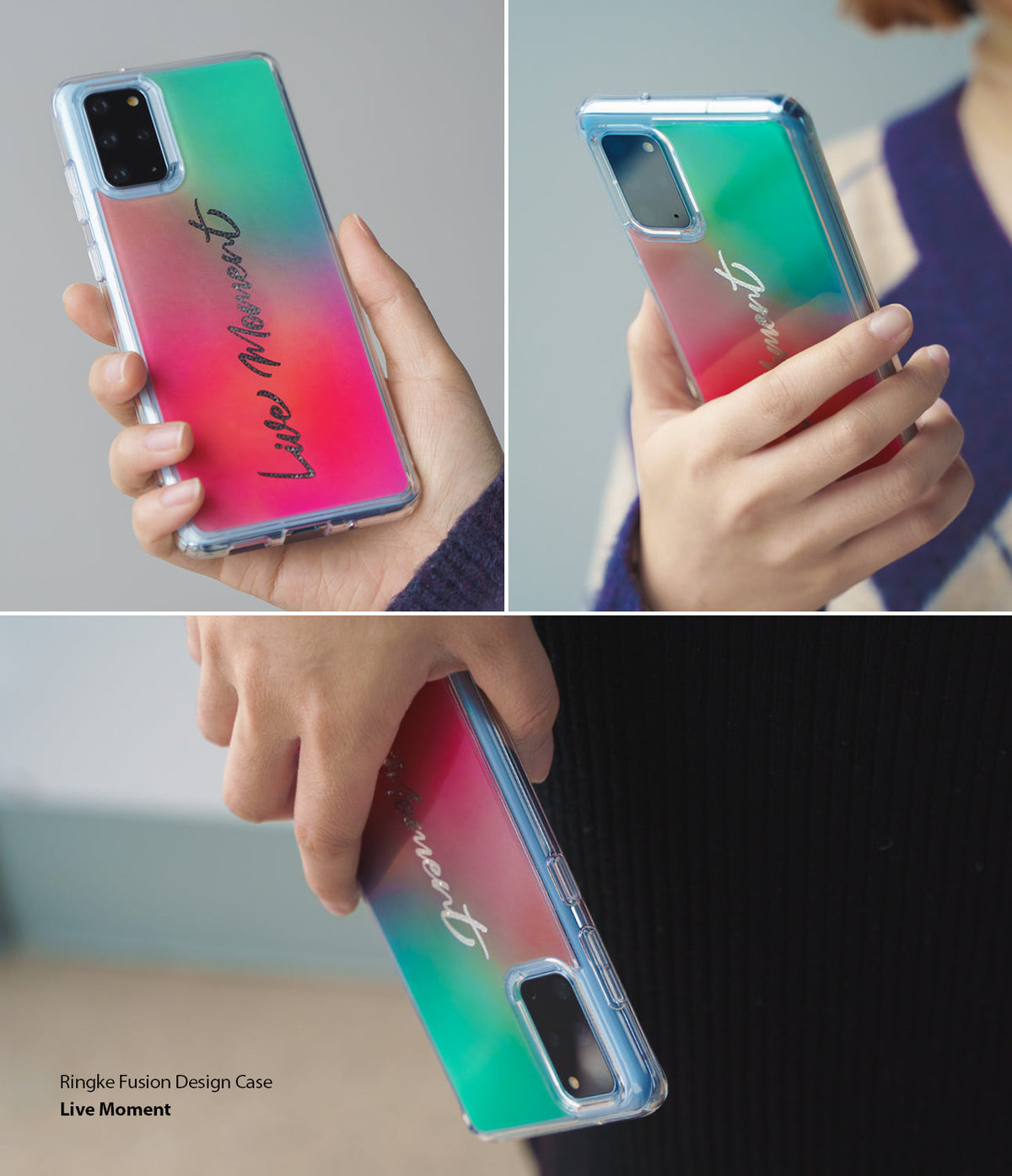 Galaxy S20 Ultra Case | Fusion Design - Hand holding a phone with a green-to-pink gradient case featuring Live Moment text.