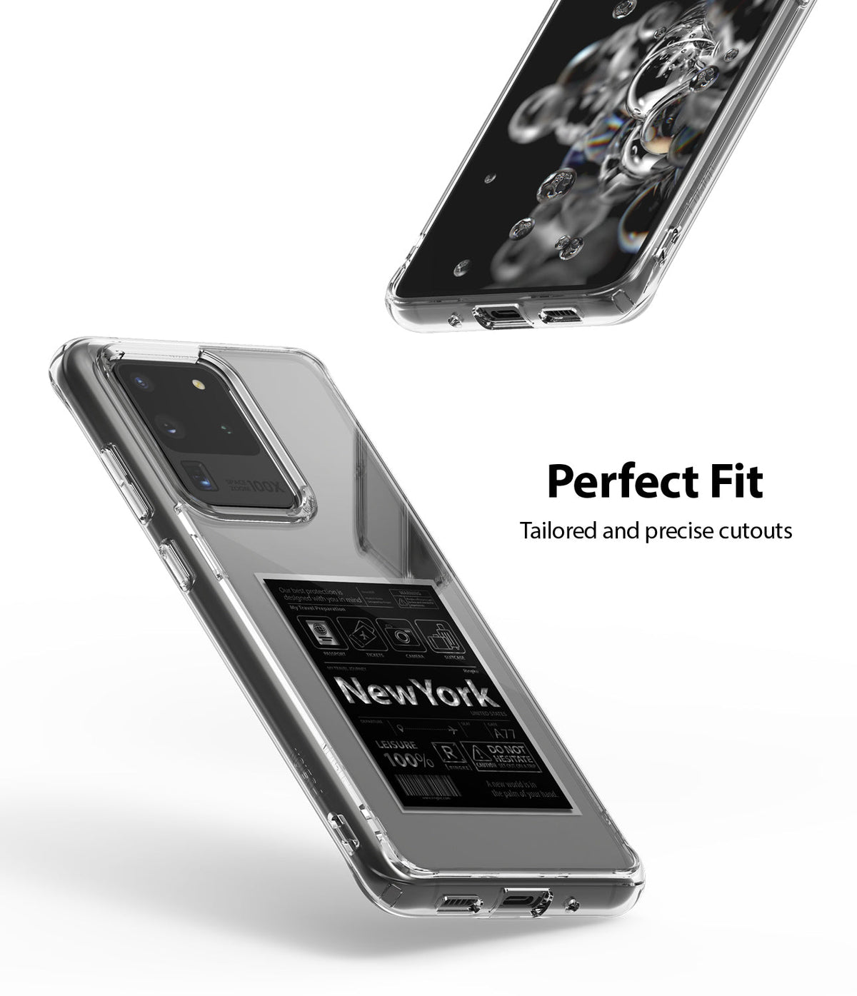 Galaxy S20 Ultra Case | Fusion Design - Clear phone case on a Galaxy S20 Ultra showing precise cutouts and a travel-themed insert.