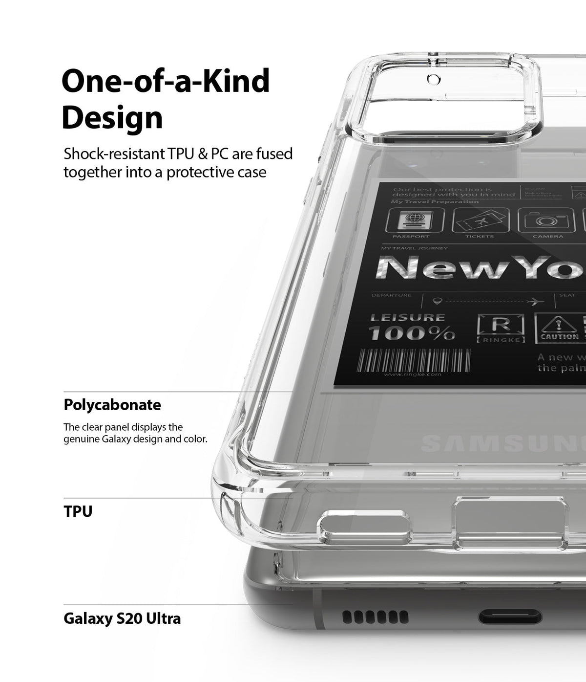 Galaxy S20 Ultra Case | Fusion Design - Clear phone case showing TPU and polycarbonate layers on a Galaxy S20 Ultra.