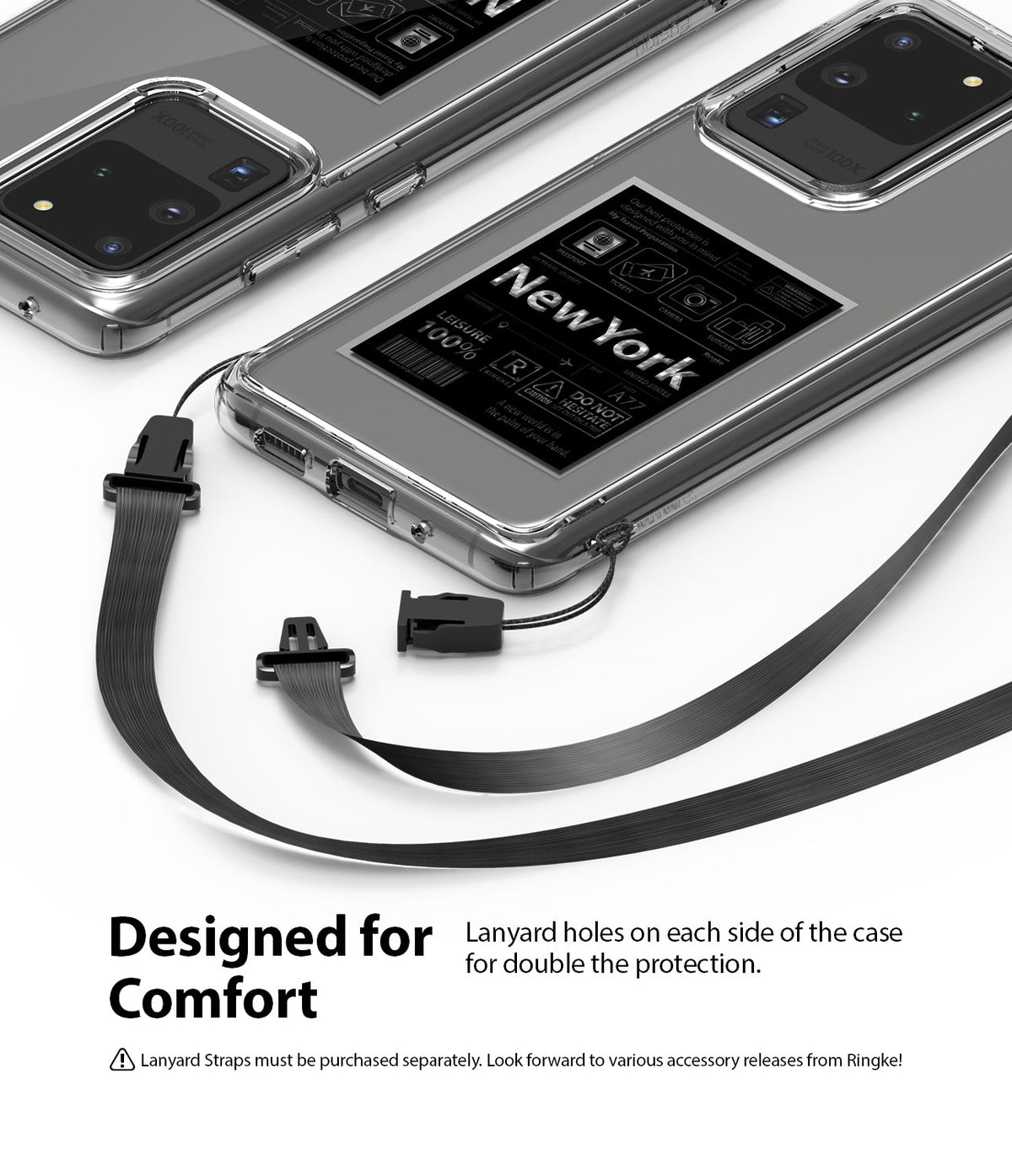 Galaxy S20 Ultra Case | Fusion Design - Clear phone case with dual lanyard attachment points and a black neck strap.