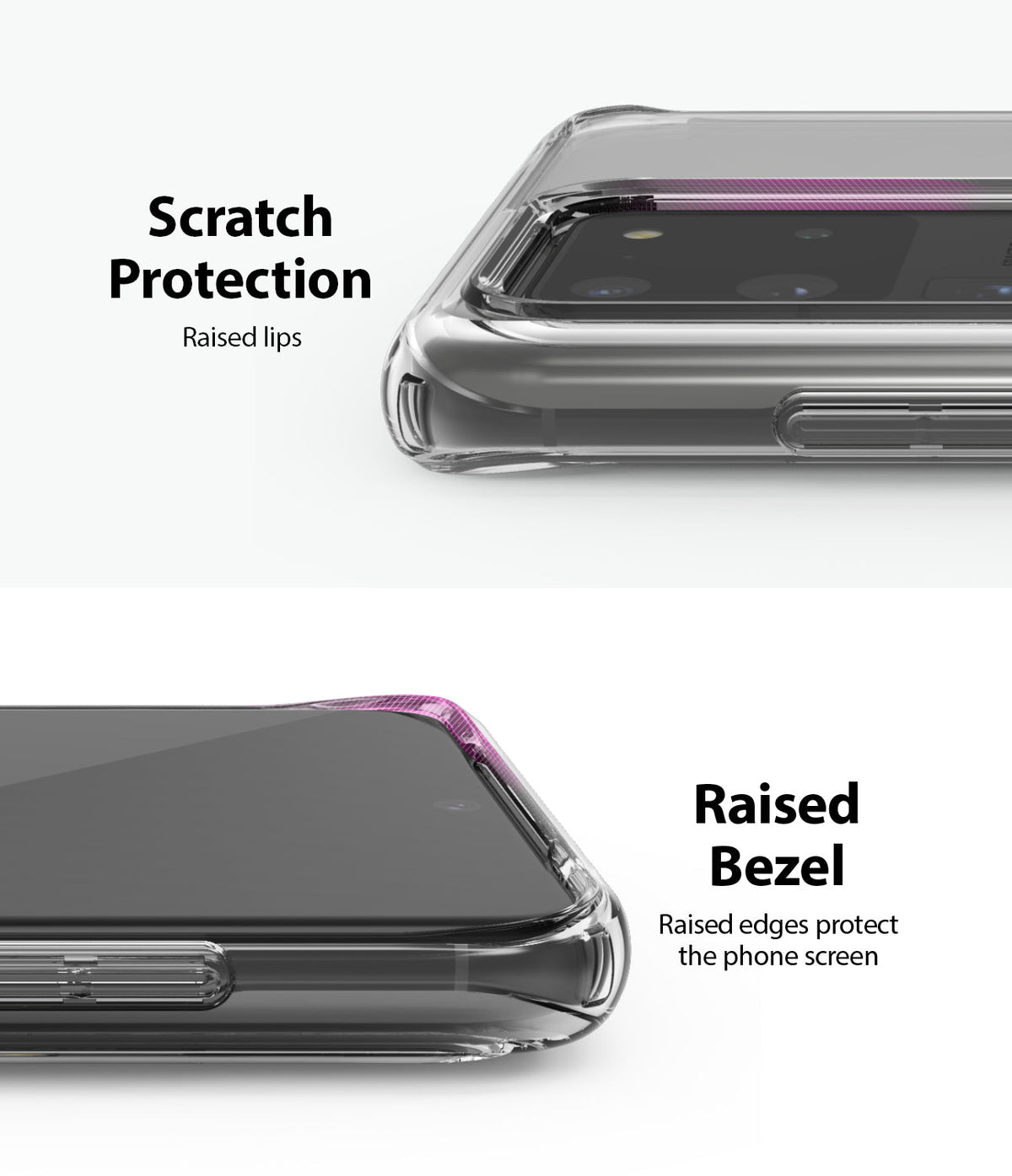 Galaxy S20 Ultra Case | Fusion Design - Close-up of clear phone case showing raised lips and bezels for screen protection.