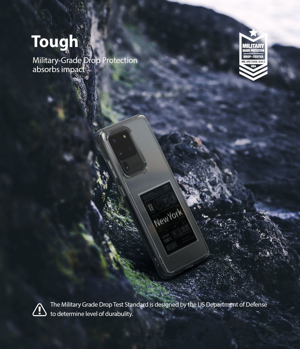 Galaxy S20 Ultra Case | Fusion Design - A phone case on a rocky surface with military-grade drop protection text.