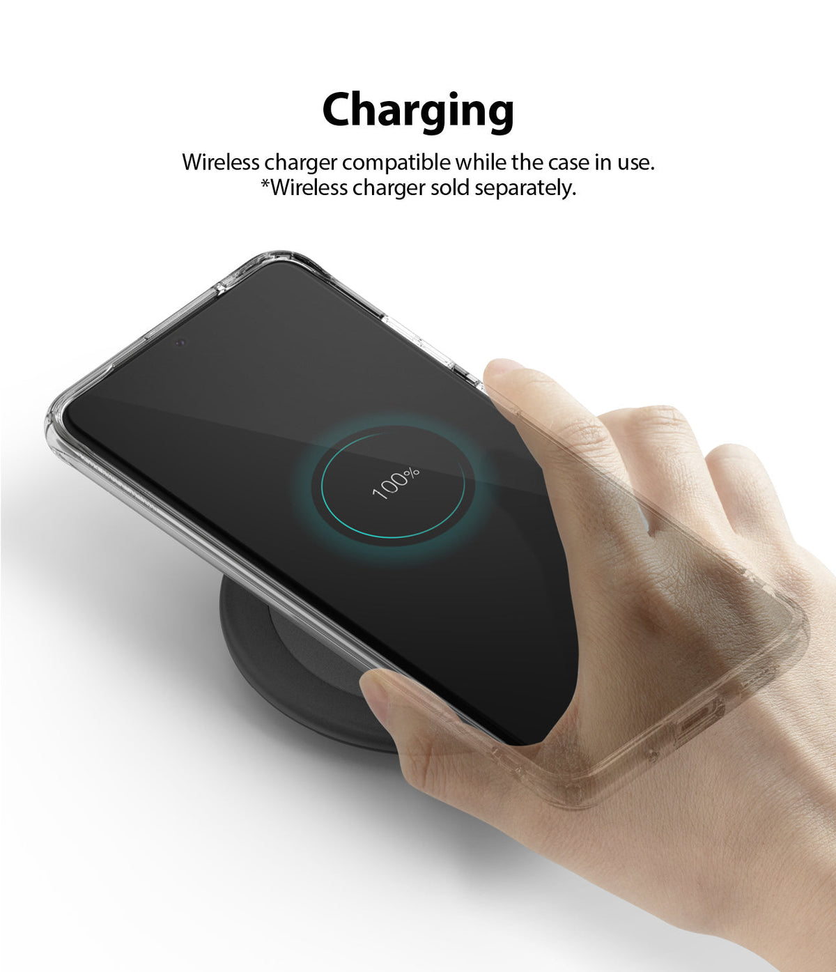 Galaxy S20 Plus Case | Fusion Design - Hand holding a phone in a clear case wirelessly charging on a black pad.