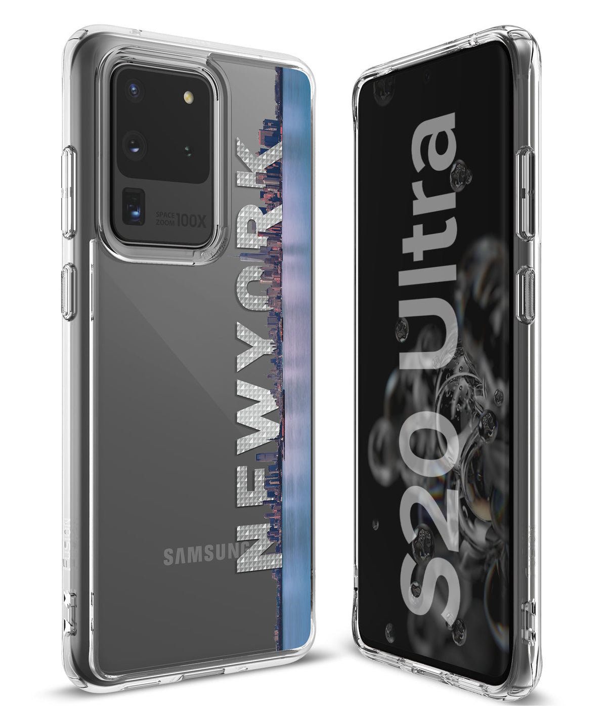 Galaxy S20 Ultra Case | Fusion Design - Clear phone case featuring a New York skyline graphic and text on the back.